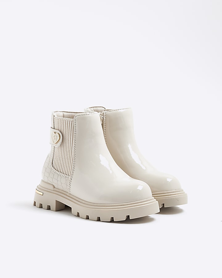 Mini Girls Cream Heart Strap Chelsea Boots