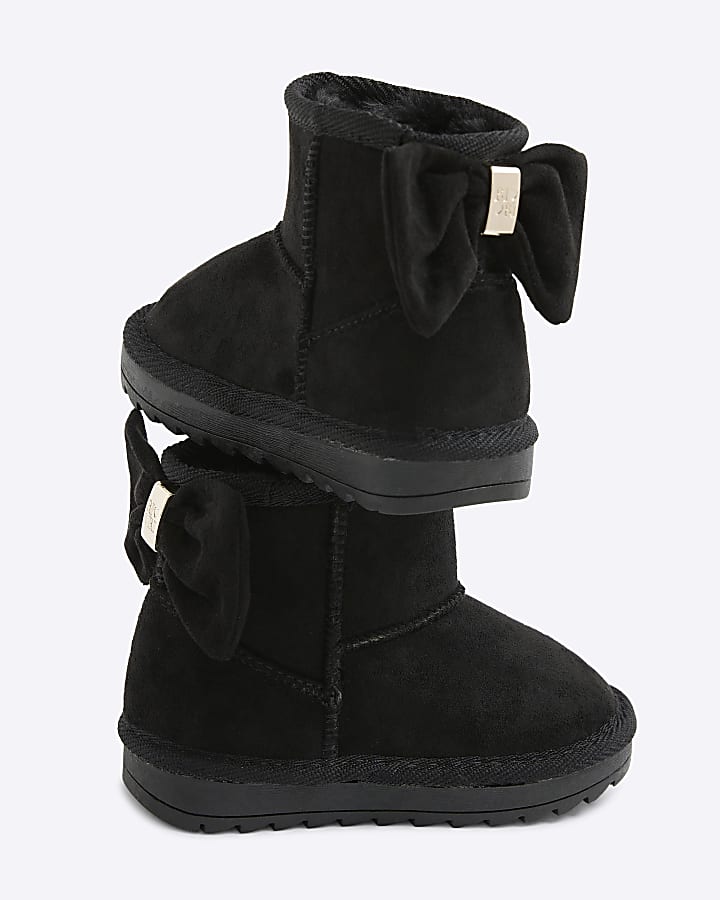 Mini Girls Black Suedette Bow Fur Lined Boots