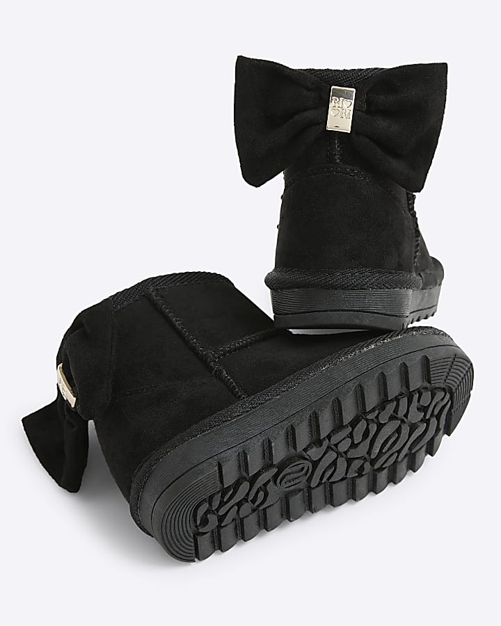 Mini Girls Black Suedette Bow Fur Lined Boots