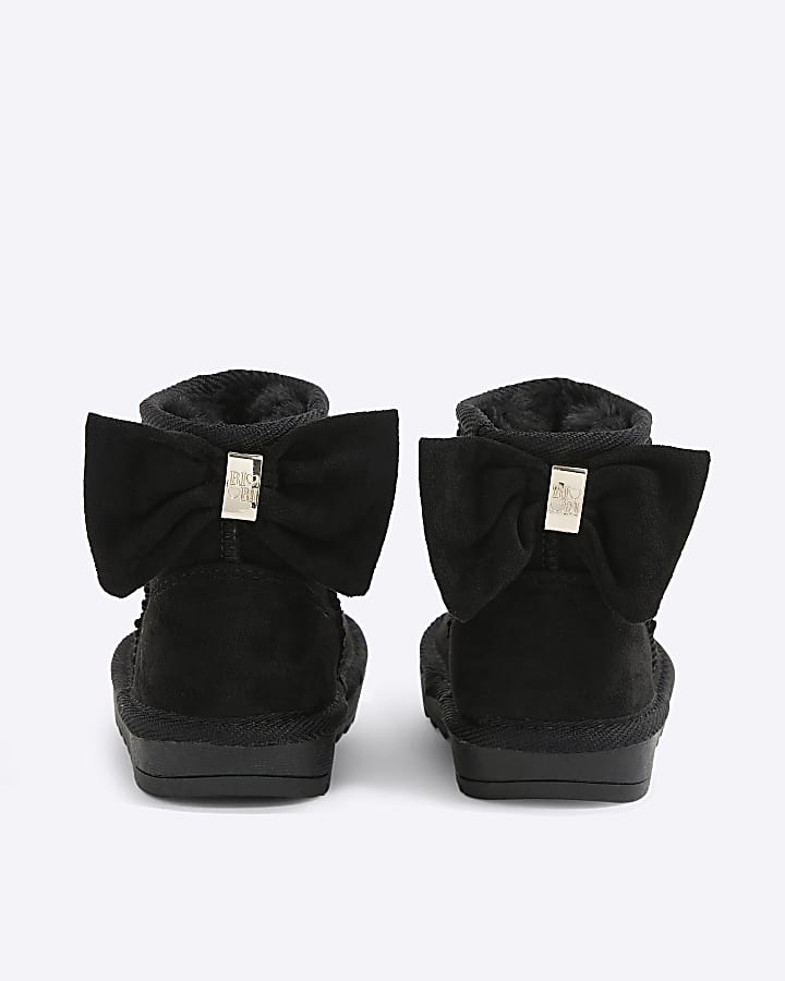 Mini Girls Black Suedette Bow Fur Lined Boots