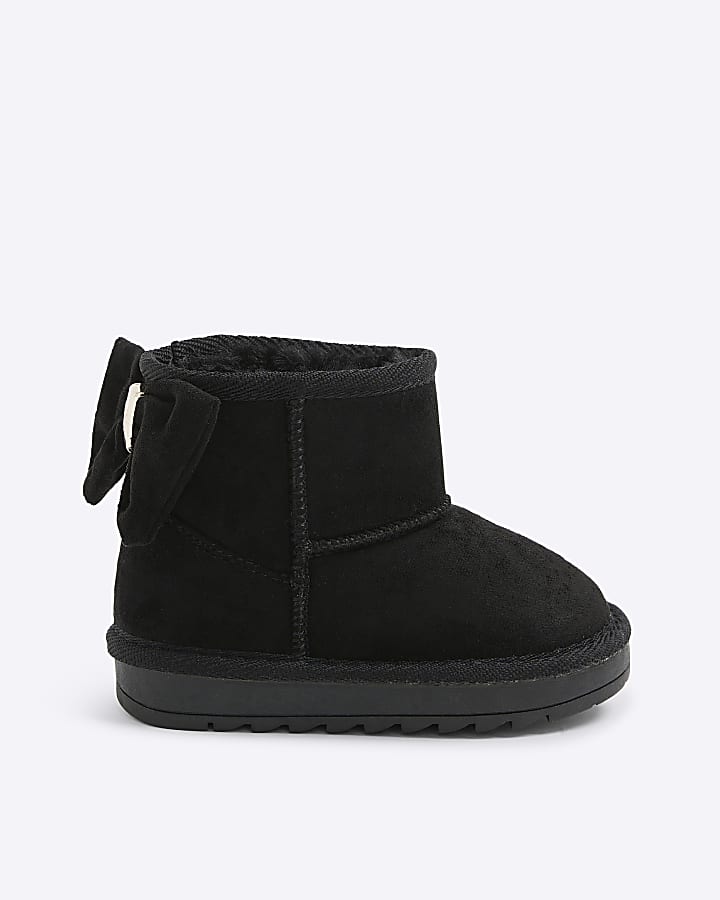 Mini Girls Black Suedette Bow Fur Lined Boots