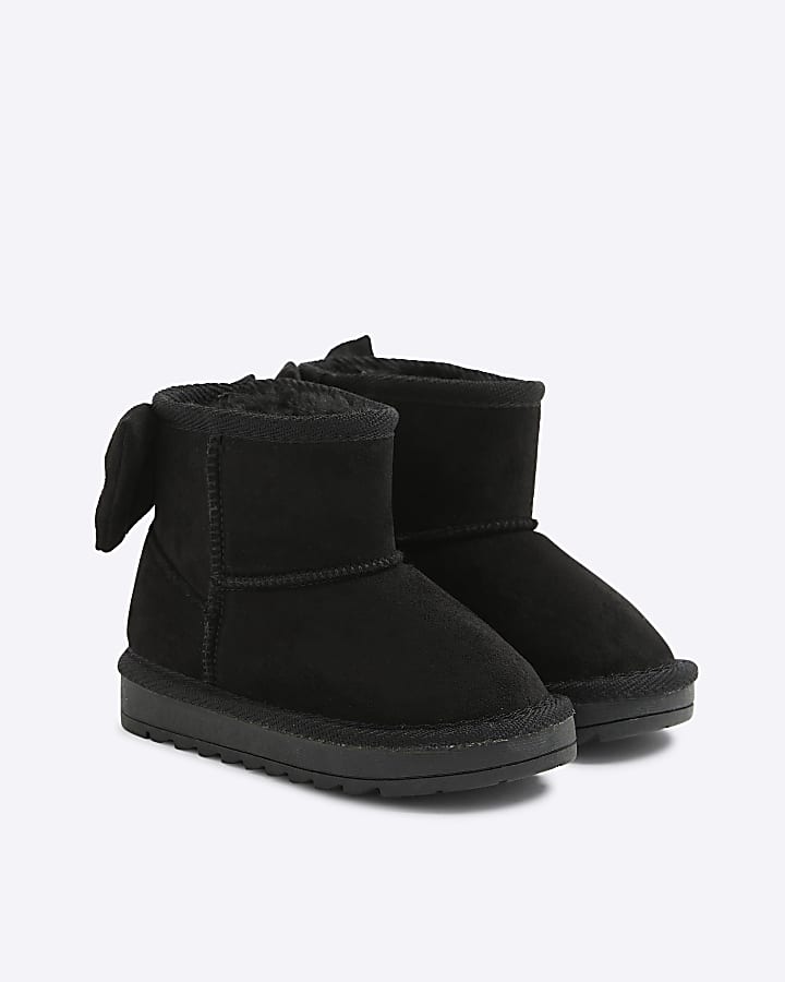 Mini Girls Black Suedette Bow Fur Lined Boots