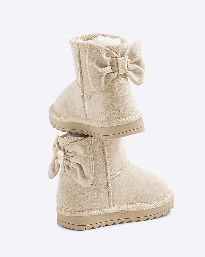 Mini Girls Cream Suedette Bow Fur Lined Boots