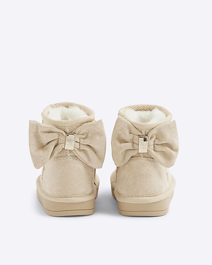 Mini Girls Cream Suedette Bow Fur Lined Boots