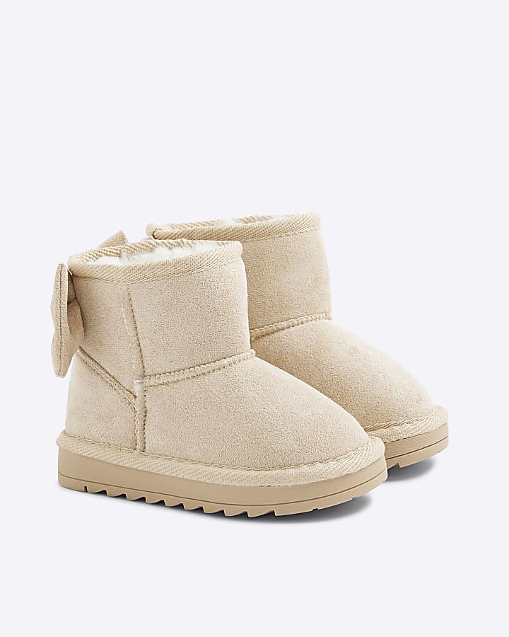 Mini Girls Cream Suedette Bow Fur Lined Boots