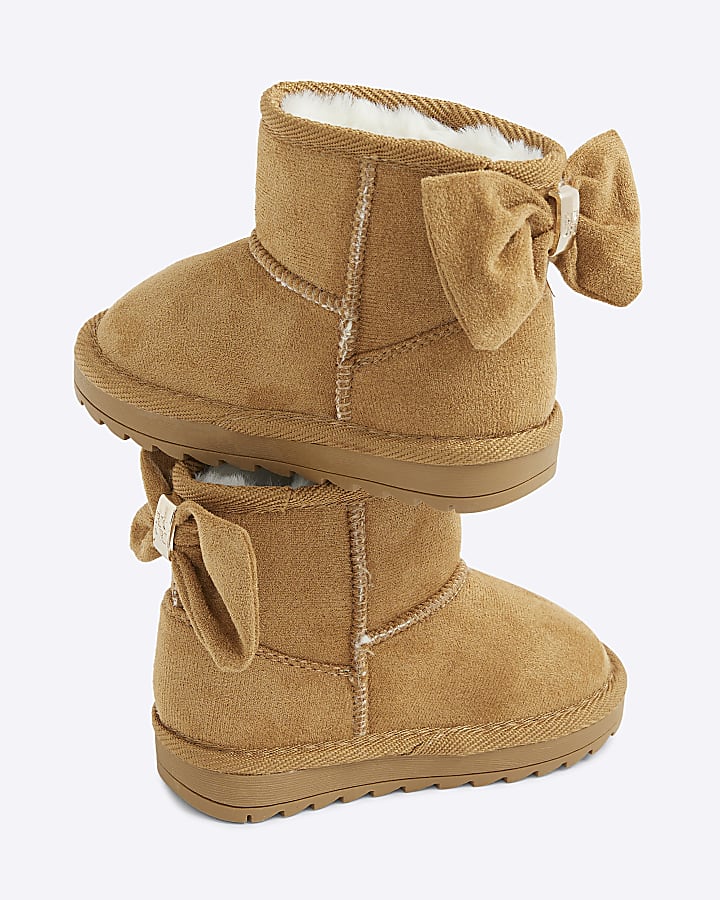 Mini Girls Beige Suedette Bow Fur Lined Boots