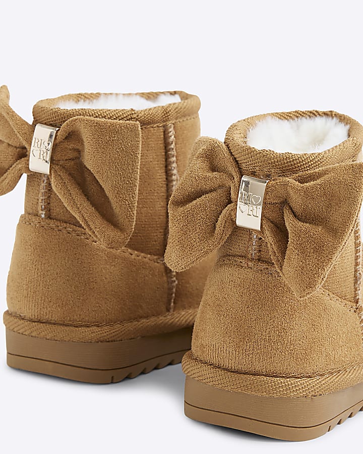 Mini Girls Beige Suedette Bow Fur Lined Boots
