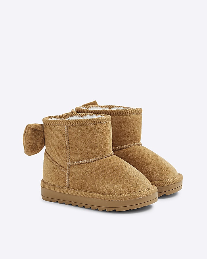 Mini Girls Beige Suedette Bow Fur Lined Boots