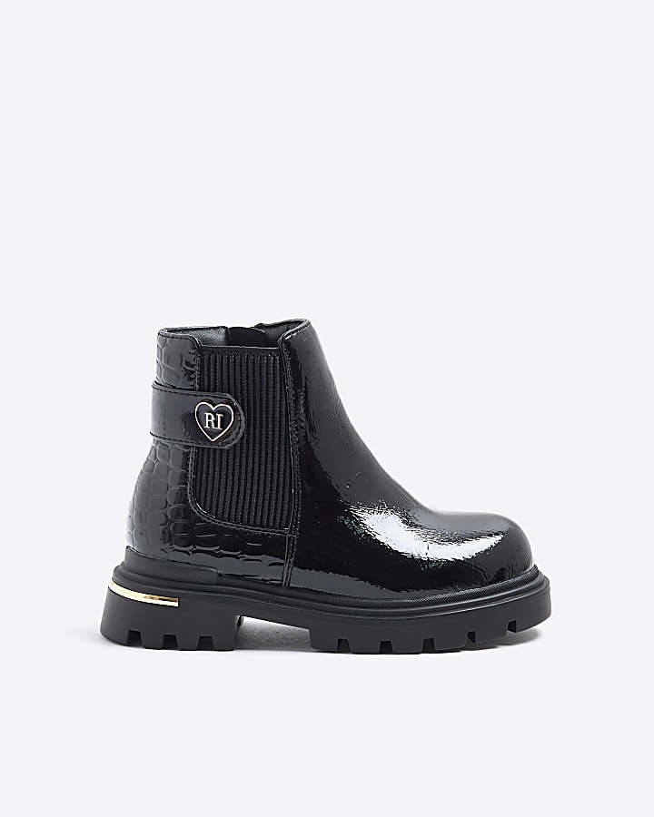 Mini Girls Black Heart Strap Chelsea Boots