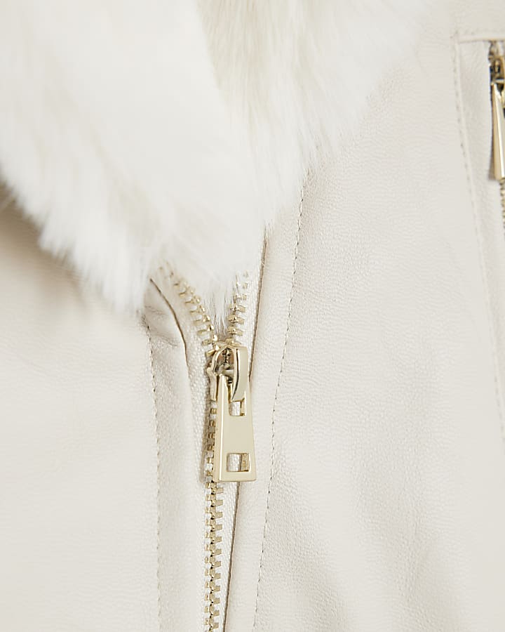 Mini Girls Cream Faux Leather Biker Jacket