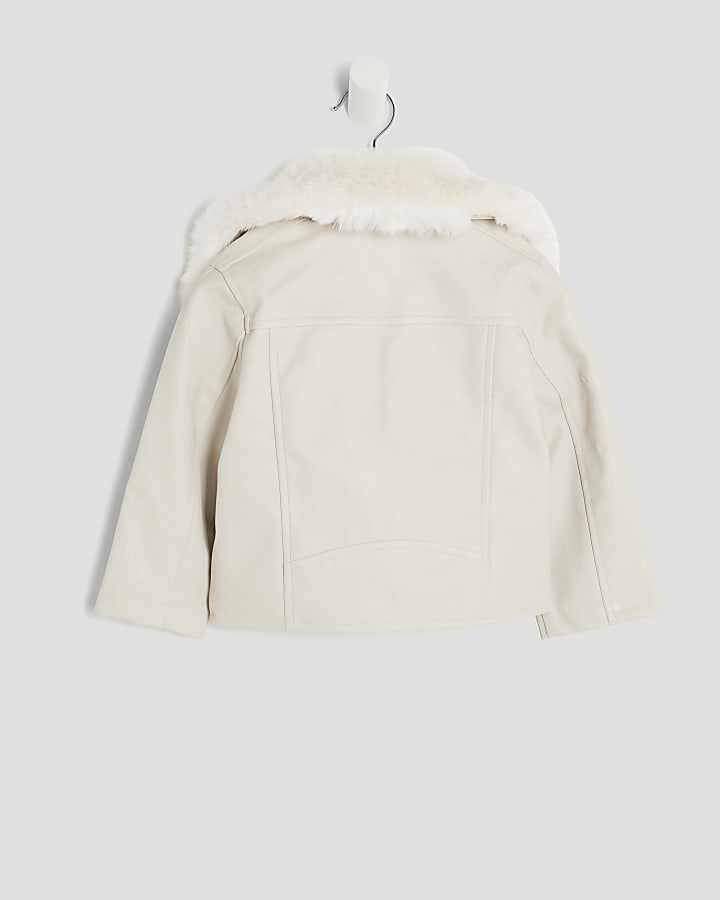 Mini Girls Cream Faux Leather Biker Jacket