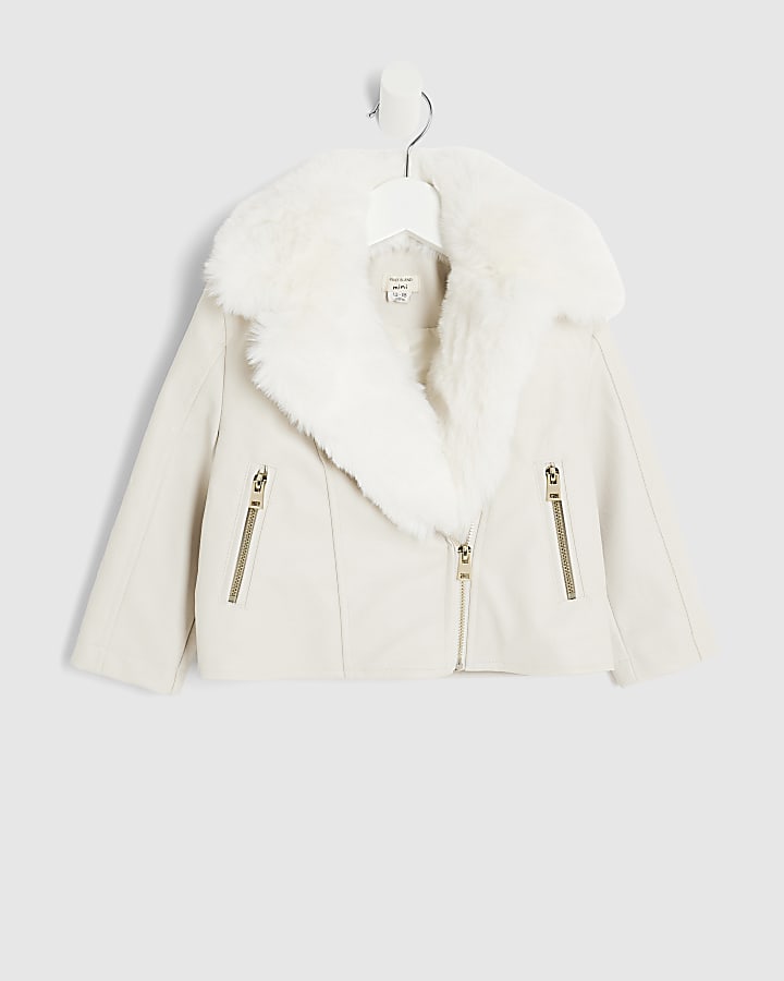 Mini Girls Cream Faux Leather Biker Jacket