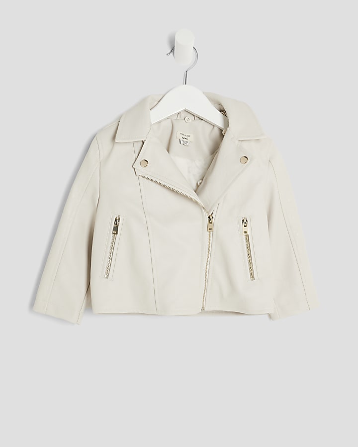 Mini Girls Cream Faux Leather Biker Jacket