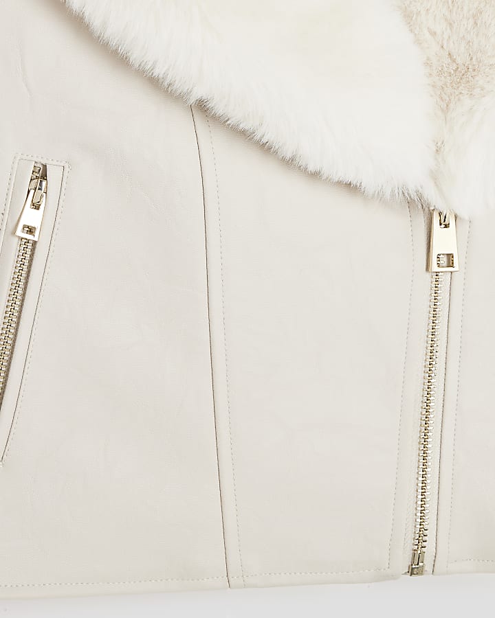 Girls Cream Faux Fur Collared Biker Jacket