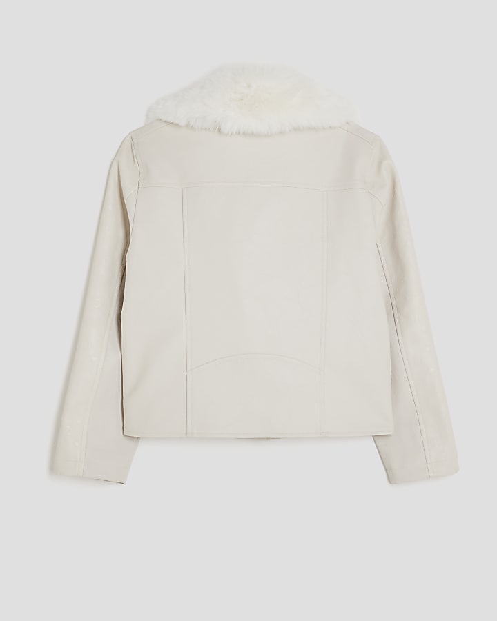 Girls Cream Faux Fur Collared Biker Jacket