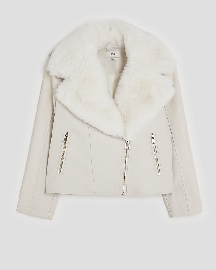 Girls Cream Faux Fur Collared Biker Jacket