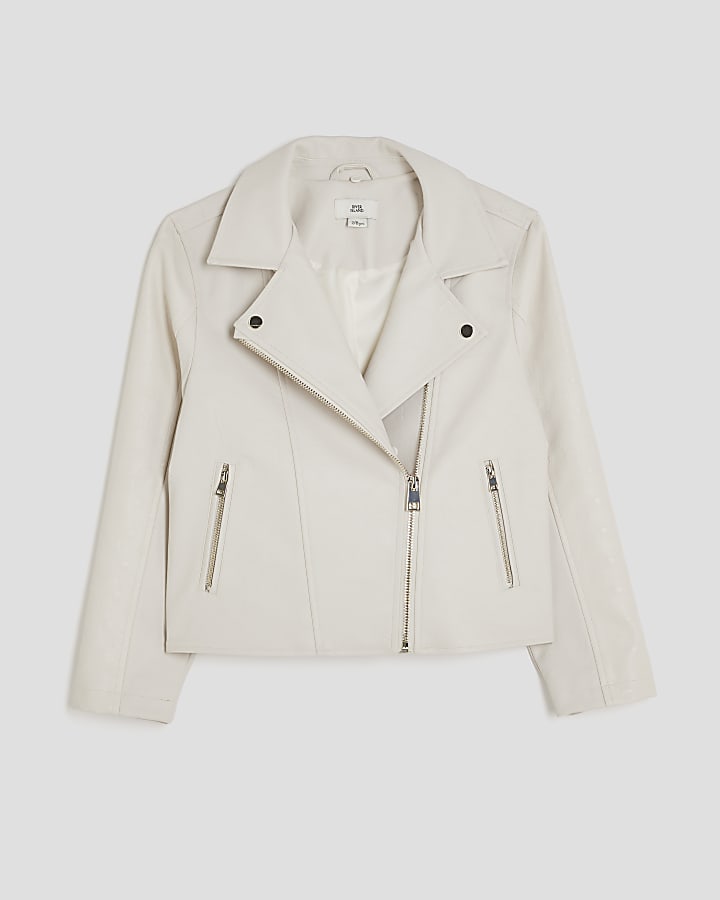 Girls Cream Faux Fur Collared Biker Jacket