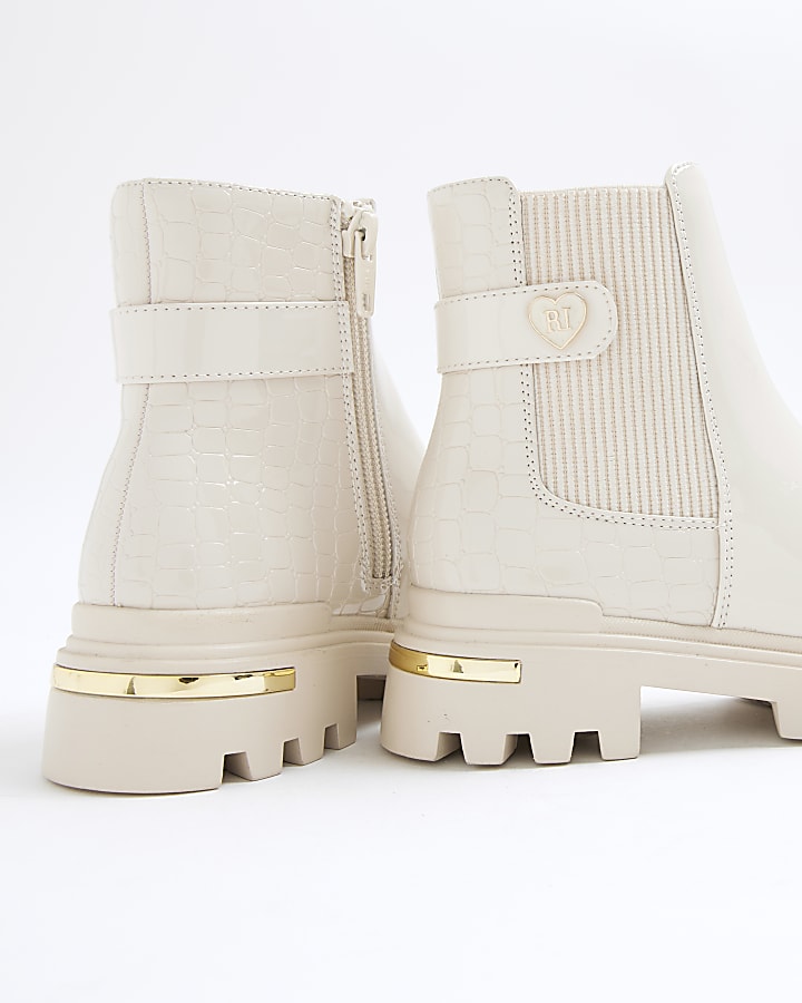 Girls Cream Patent Heart Heeled Chelsea Boots