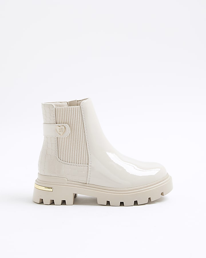 Girls Cream Patent Heart Heeled Chelsea Boots