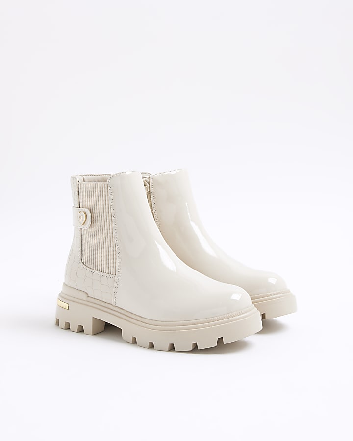 Girls Cream Patent Heart Heeled Chelsea Boots
