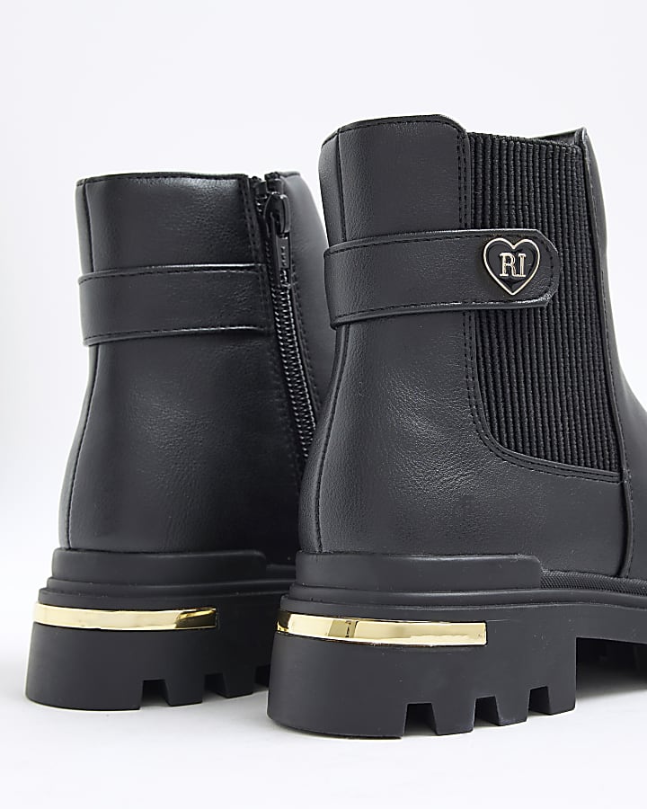 Girls Black Heart Strap Chelsea Boots