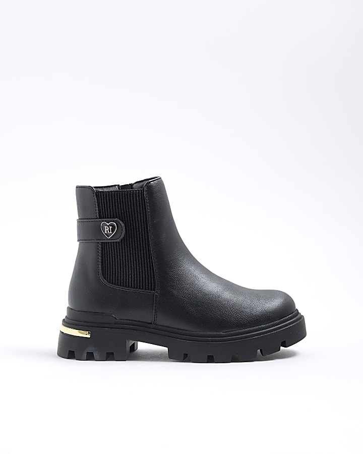 Girls Black Heart Strap Chelsea Boots