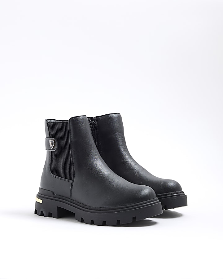 Girls Black Heart Strap Chelsea Boots