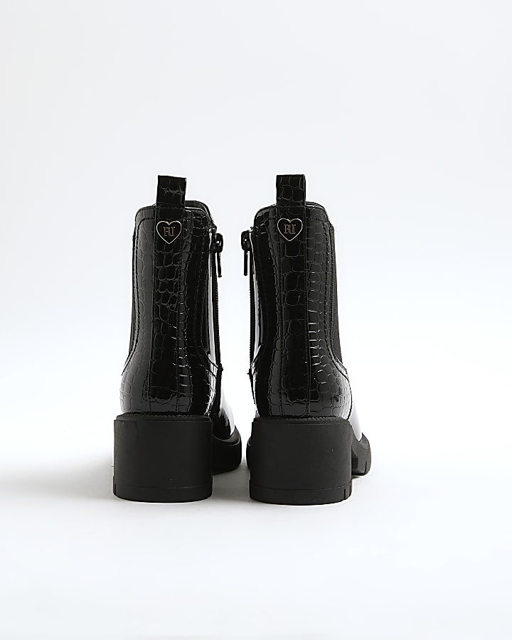 Girls Black Patent Heart Heeled Chelsea Boots