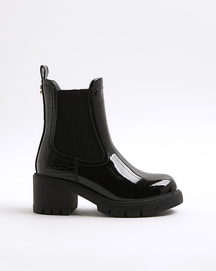 Girls Black Patent Heart Heeled Chelsea Boots
