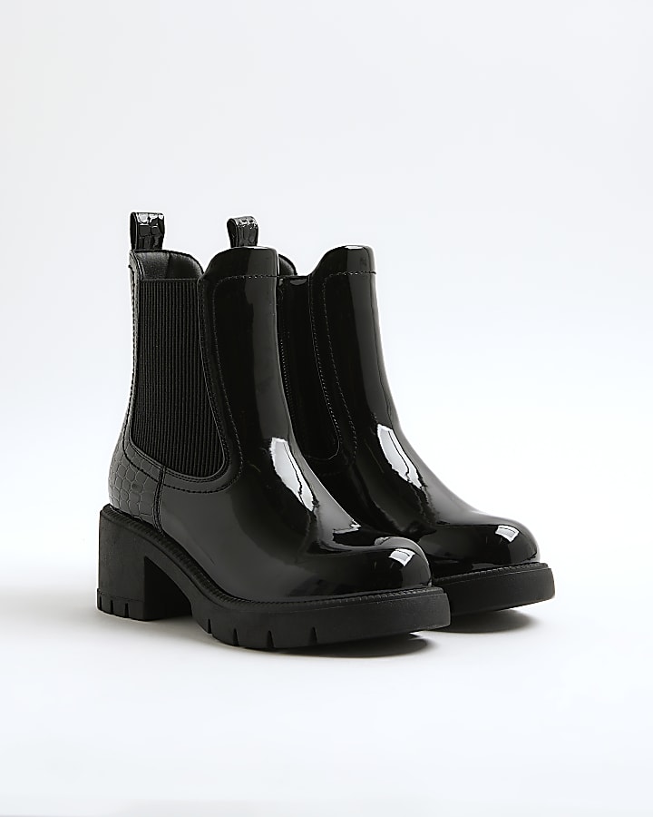 Girls Black Patent Heart Heeled Chelsea Boots