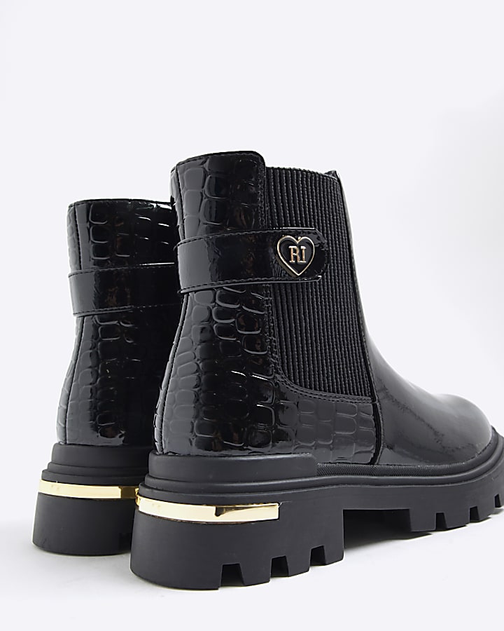 Girls Black Heart Strap Chelsea Boots