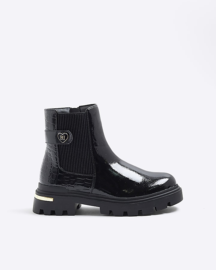Girls Black Heart Strap Chelsea Boots