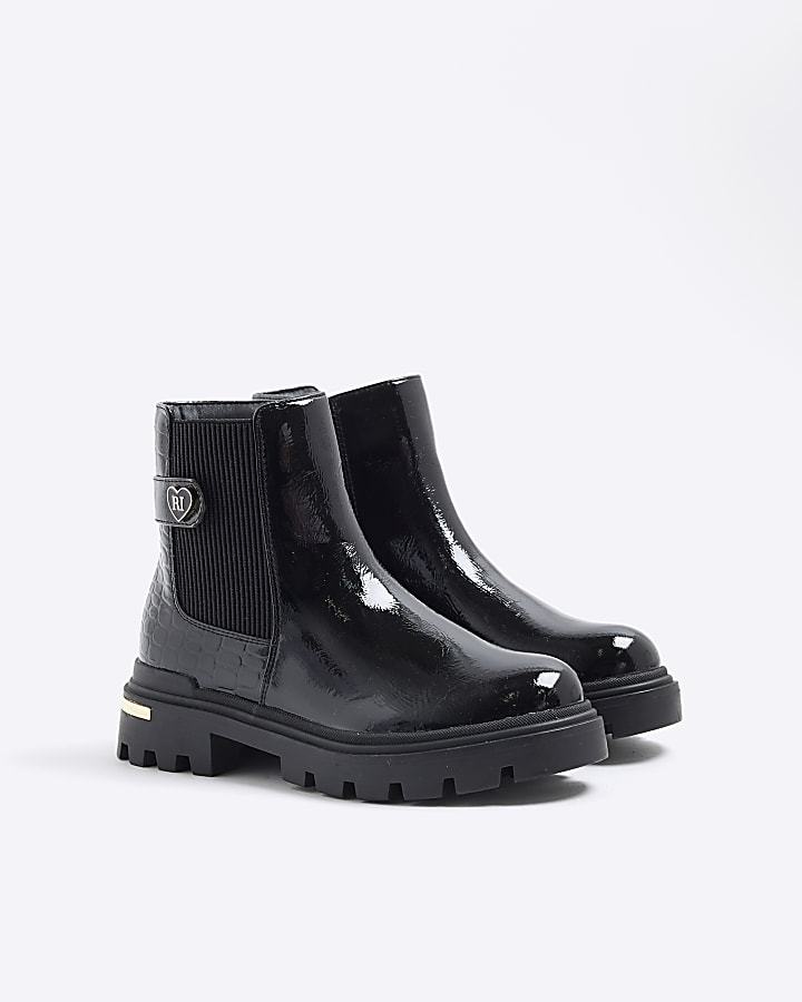 Girls Black Heart Strap Chelsea Boots
