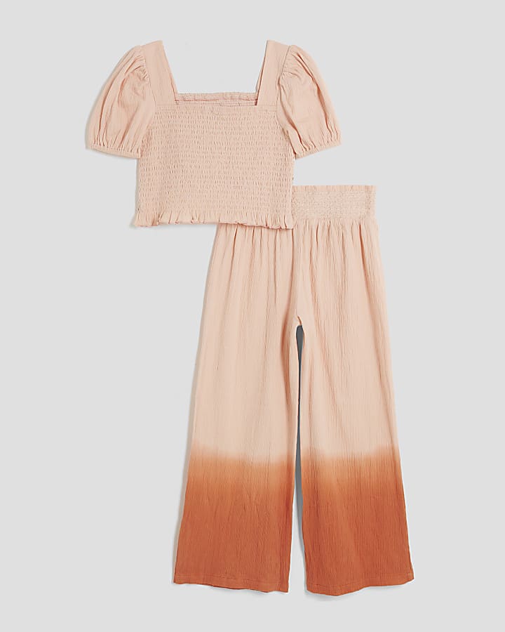 Girls Orange Lurex Shirred Crop Top Set