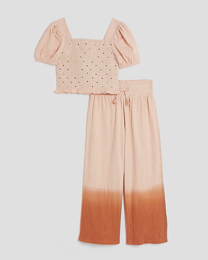 Girls Orange Lurex Shirred Crop Top Set