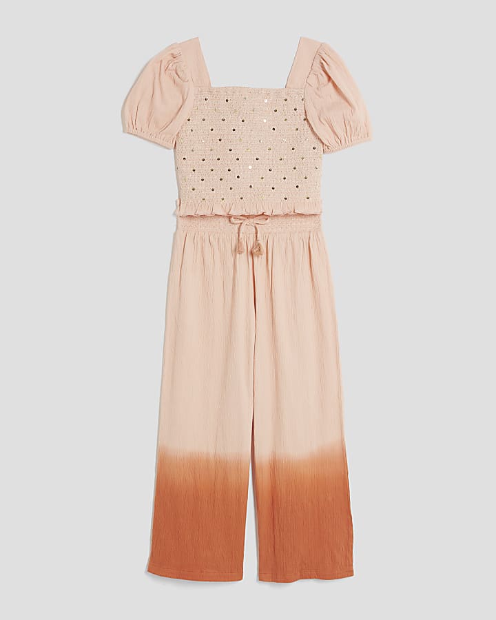 Girls Orange Lurex Shirred Crop Top Set