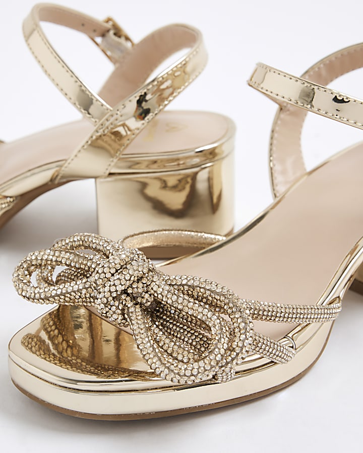 Girls Gold Diamante Bow Heeled Sandal