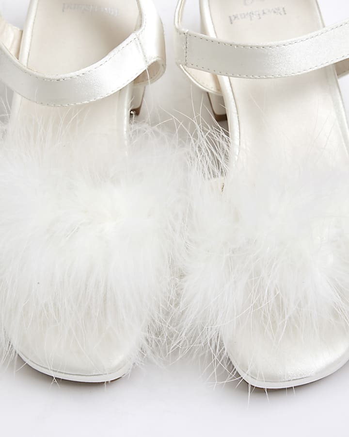 Girls White Feather Heeled Sandals