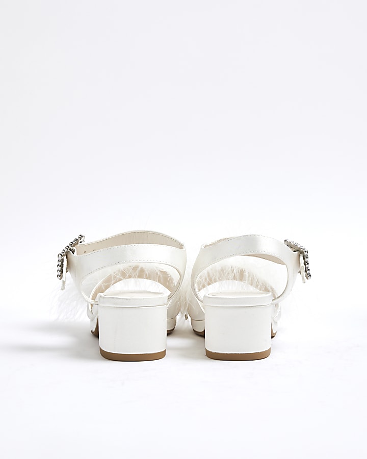 Girls White Feather Heeled Sandals
