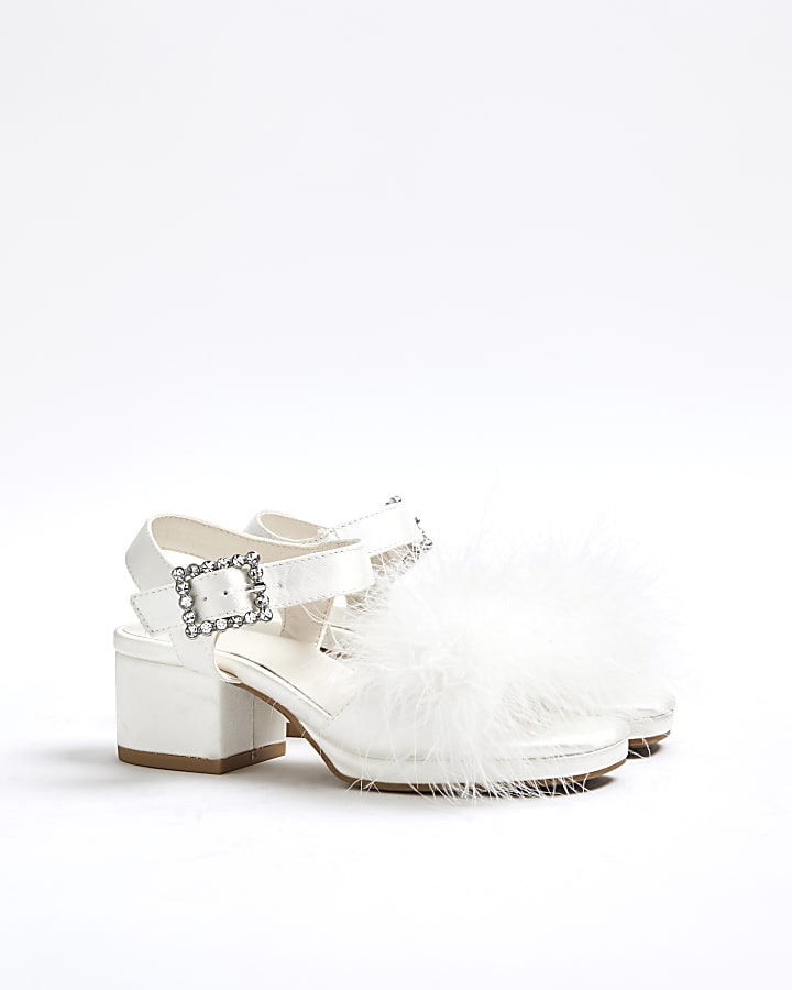 Girls White Feather Heeled Sandals