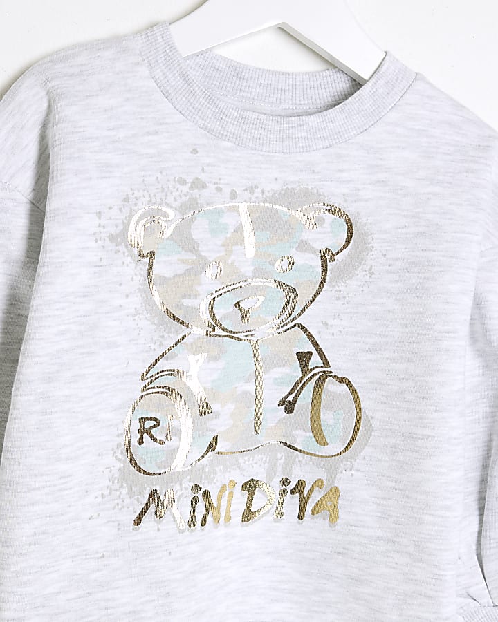 Mini Girls Grey Camo Bear Sweatshirt Set