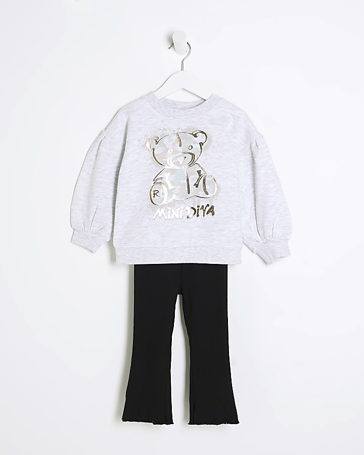 Mini Girls Grey Camo Bear Sweatshirt Set