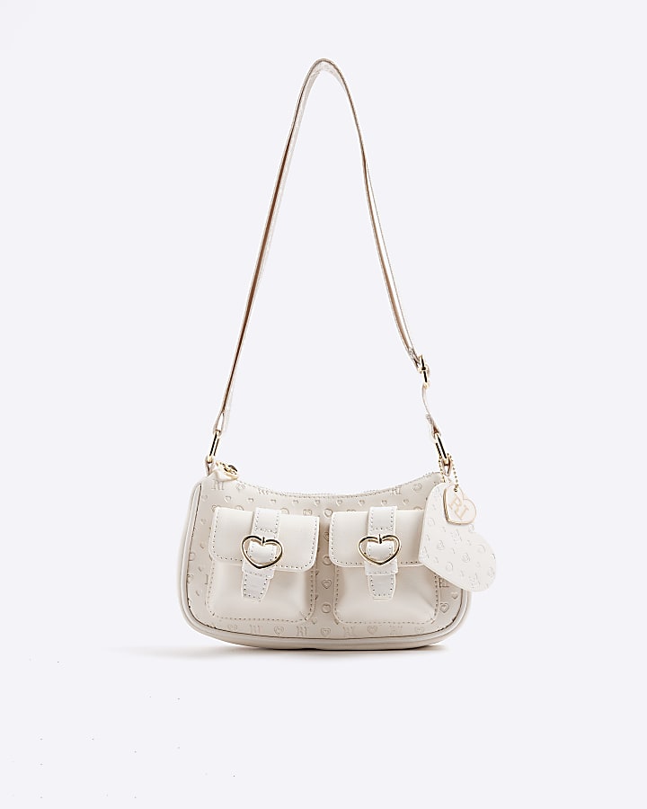 Girls Cream Monogram Pocket Scoop bag