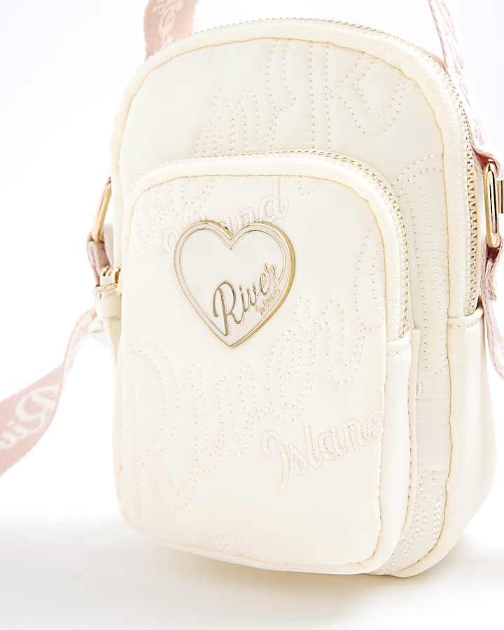 Girls Cream Nylon Script Heart Cross Body Bag