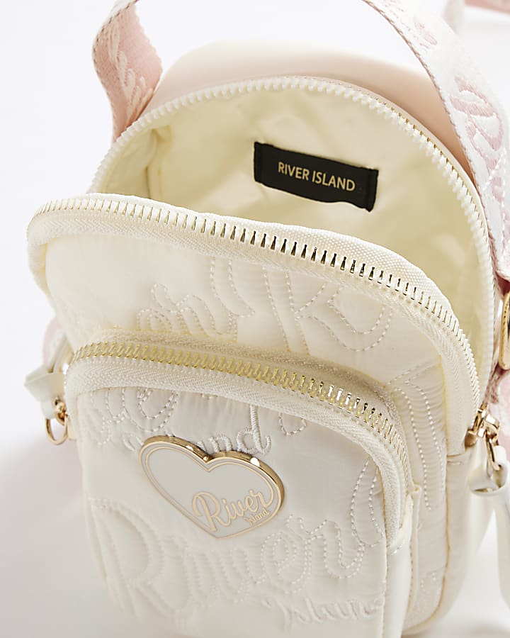 Girls Cream Nylon Script Heart Cross Body Bag