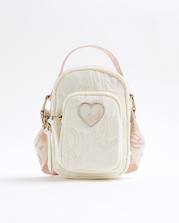 Girls Cream Nylon Script Heart Cross Body Bag