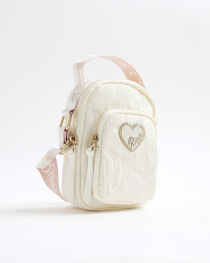 Girls Cream Nylon Script Heart Cross Body Bag