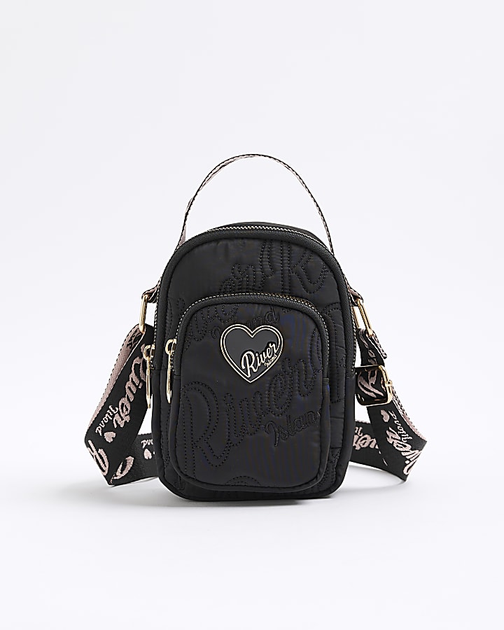 Girls Black Nylon RI Heart Cross Body Bag