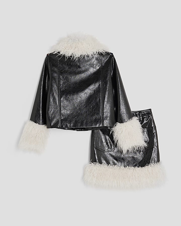 Girls Black Shaggy Faux Leather Skirt Set