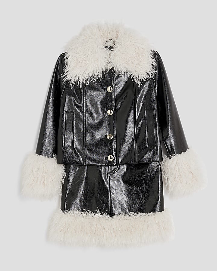 Girls Black Shaggy Faux Leather Skirt Set